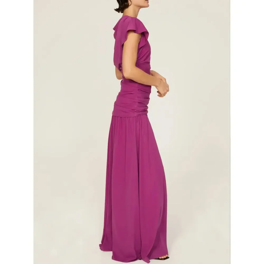Tanya Taylor Magenta Ruched Gown SIZE 4 Cut Out Asymmetric Slit Designer $600 - Picture 2 of 12
